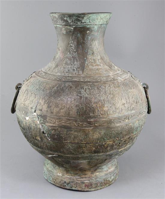 A rare and large Chinese archaic bronze ritual drinking vessel, Hu, Warring States period 5th-3rd century B.C., approx. 50cm high, repa